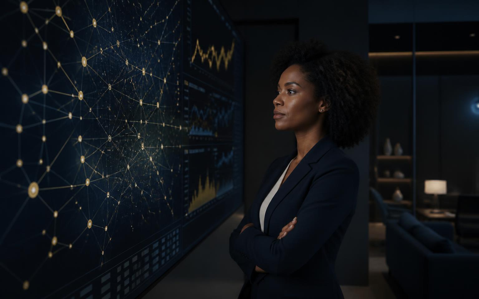 Portfolio manager reviewing a blockchain network and digital-asset market display