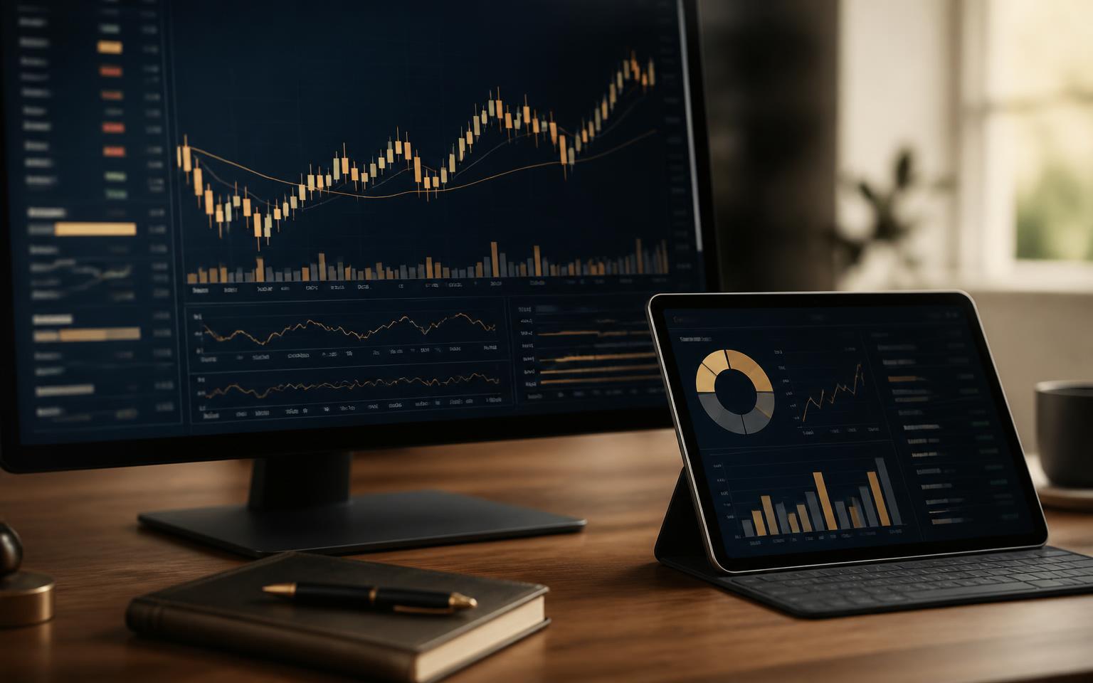 Desktop and tablet showing candlestick charts and portfolio analytics