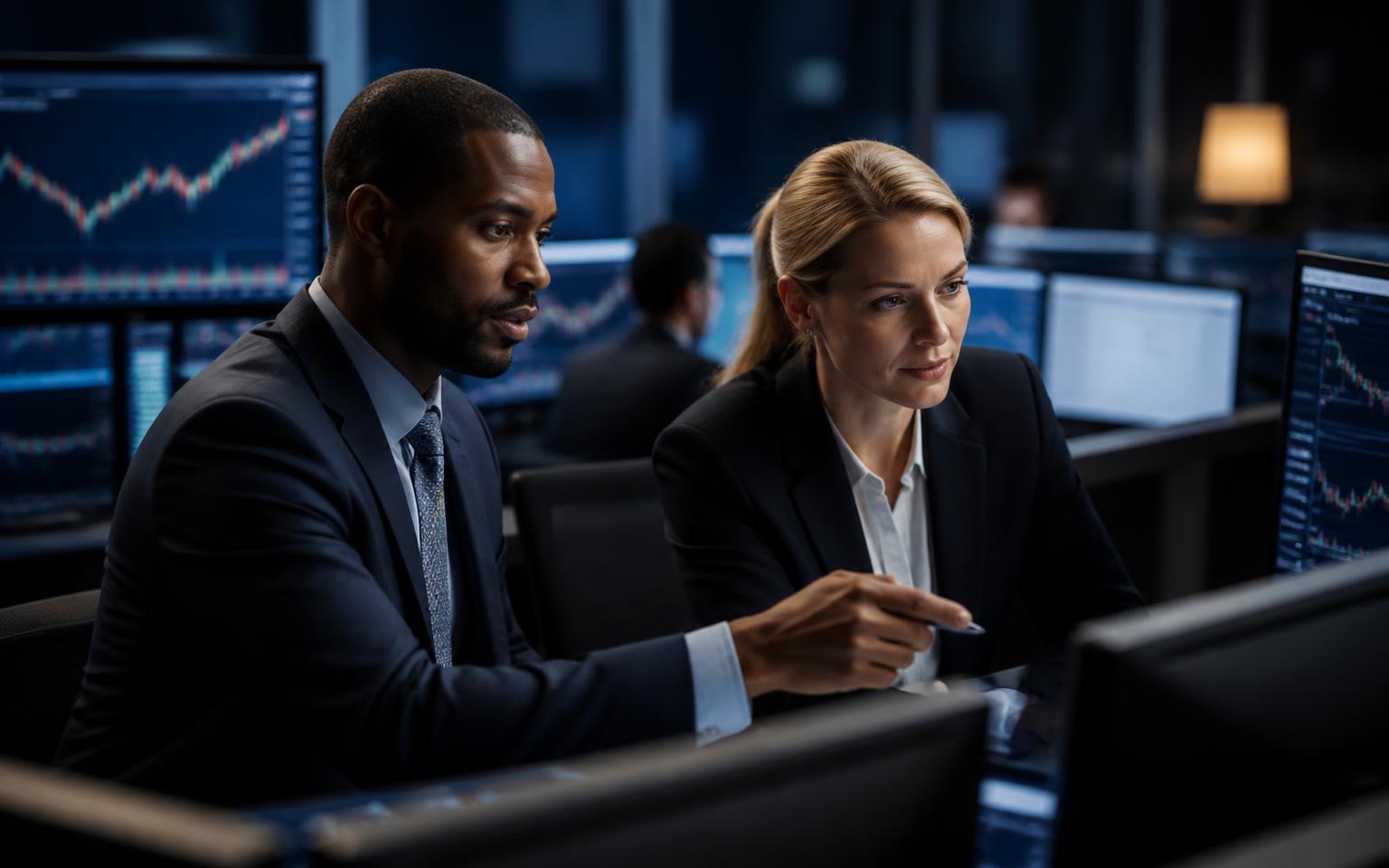 Two investment analysts reviewing market terminals on an institutional trading desk